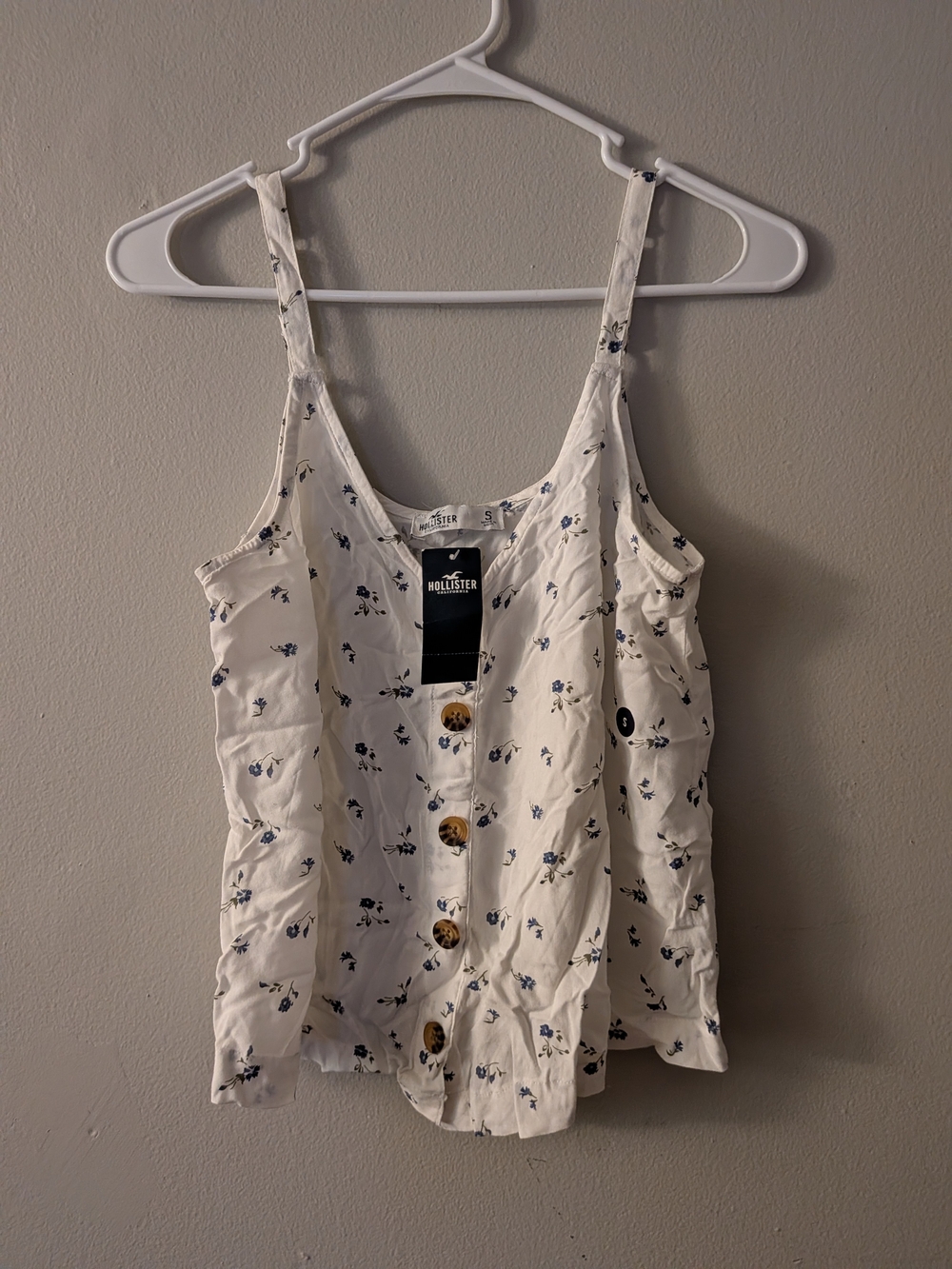Hollister White Tank Top with Blue Floral Print and Button Front